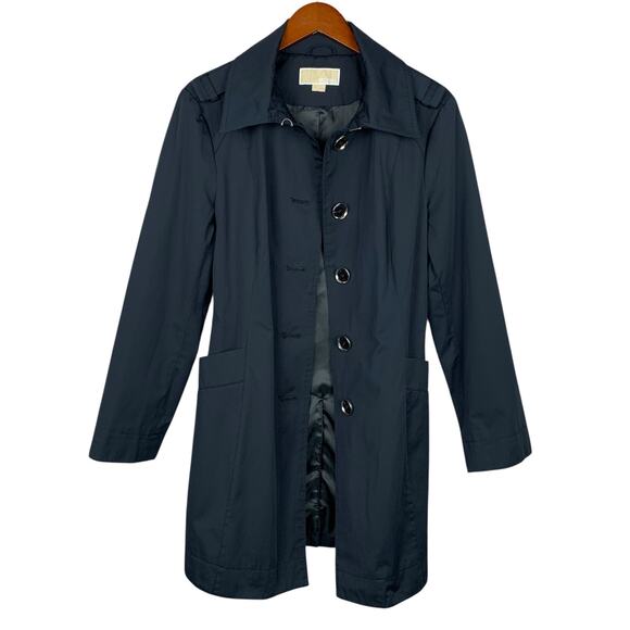 Michael Michael Kors Mid Length Trench Coat Black Belt Button Front Women's L - Picture 2 of 12
